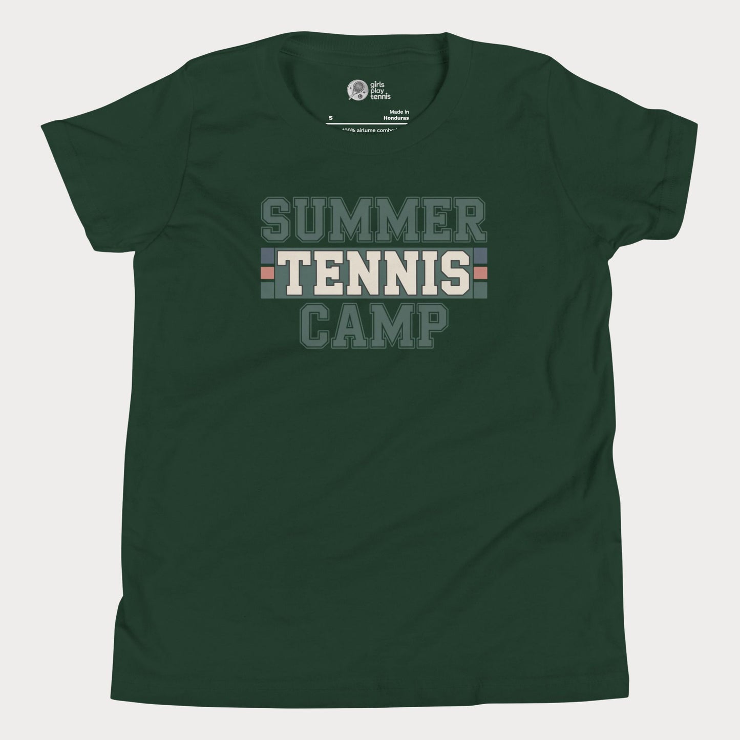 Forest Summer Tennis Camp varsity-inspired tennis t-shirt for kids and teens