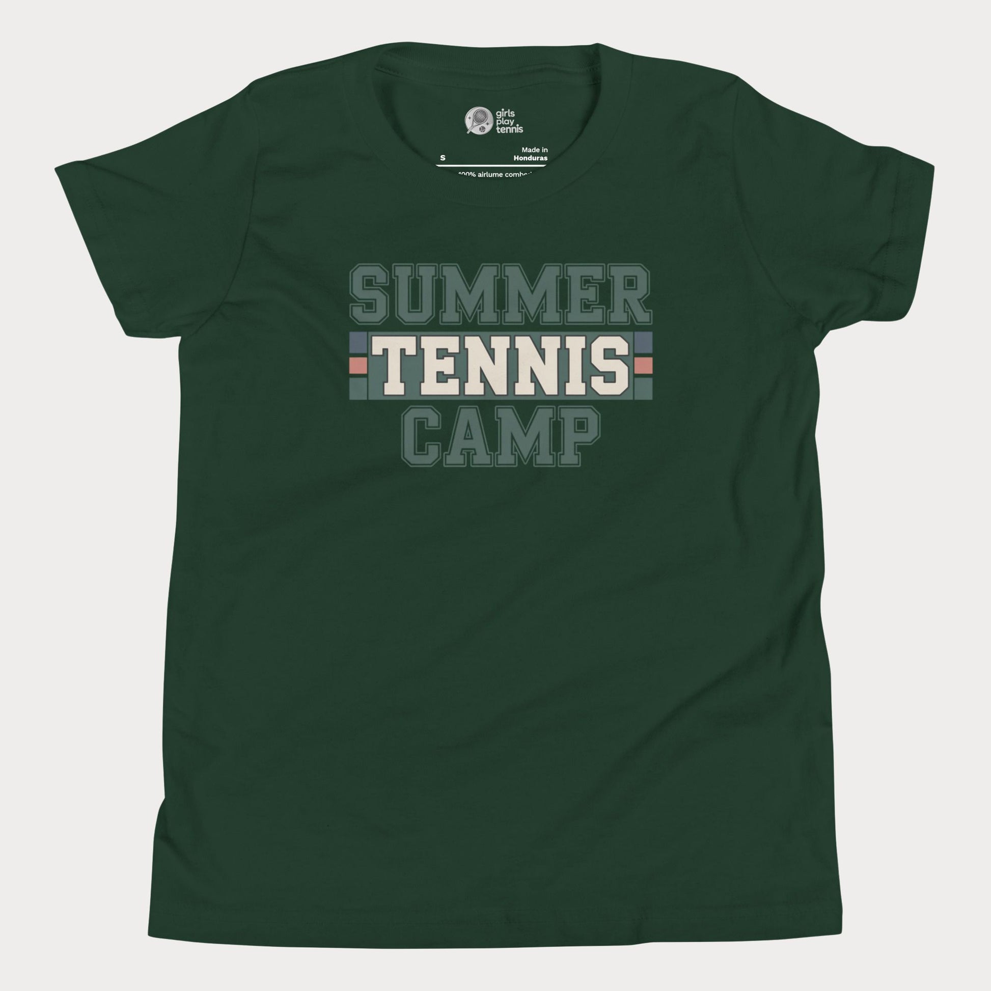 Forest Summer Tennis Camp varsity-inspired tennis t-shirt for kids and teens