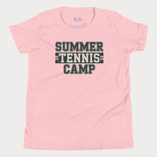 Pink Summer Tennis Camp varsity-inspired tennis t-shirt for kids and teens