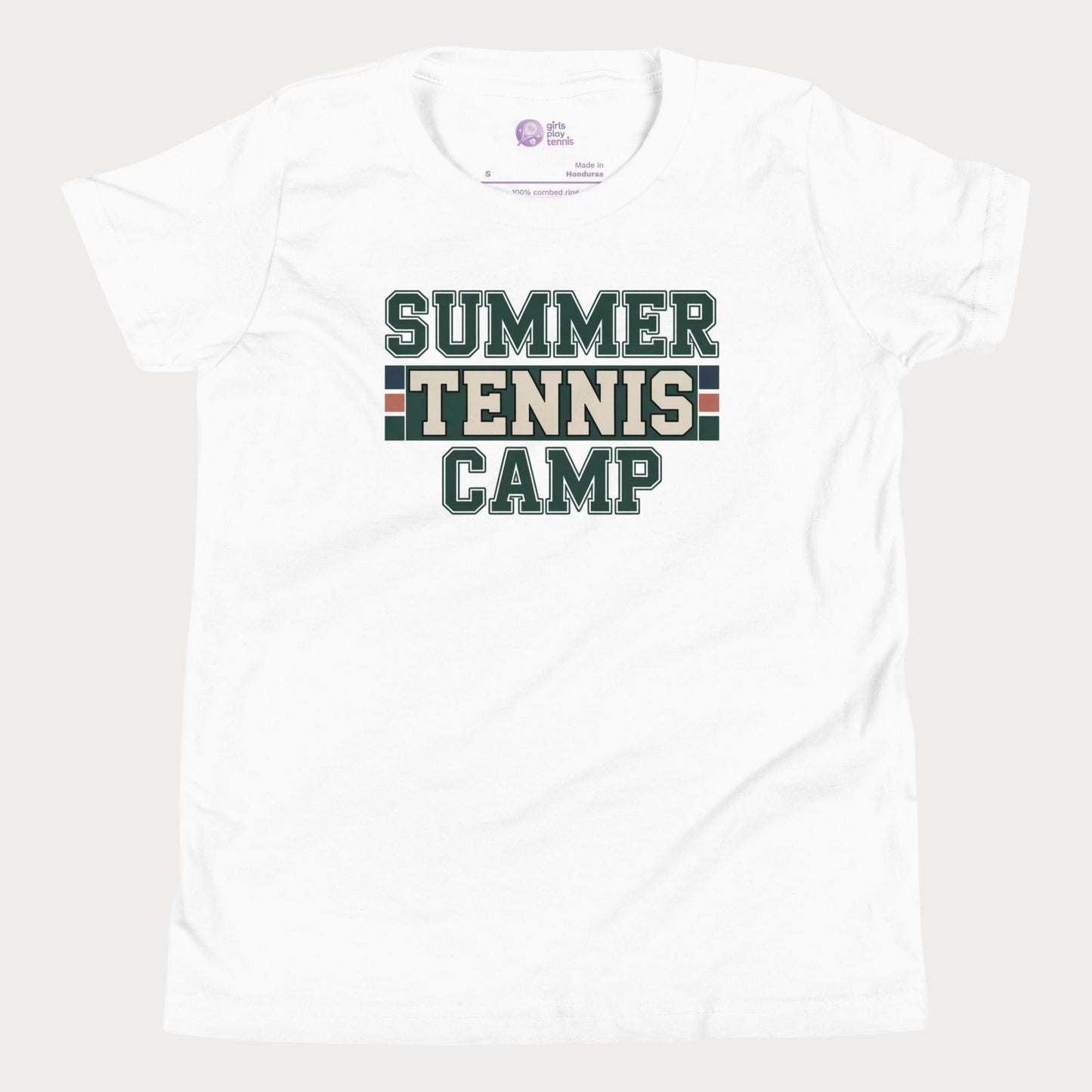 White Summer Tennis Camp varsity-inspired tennis t-shirt for kids and teens