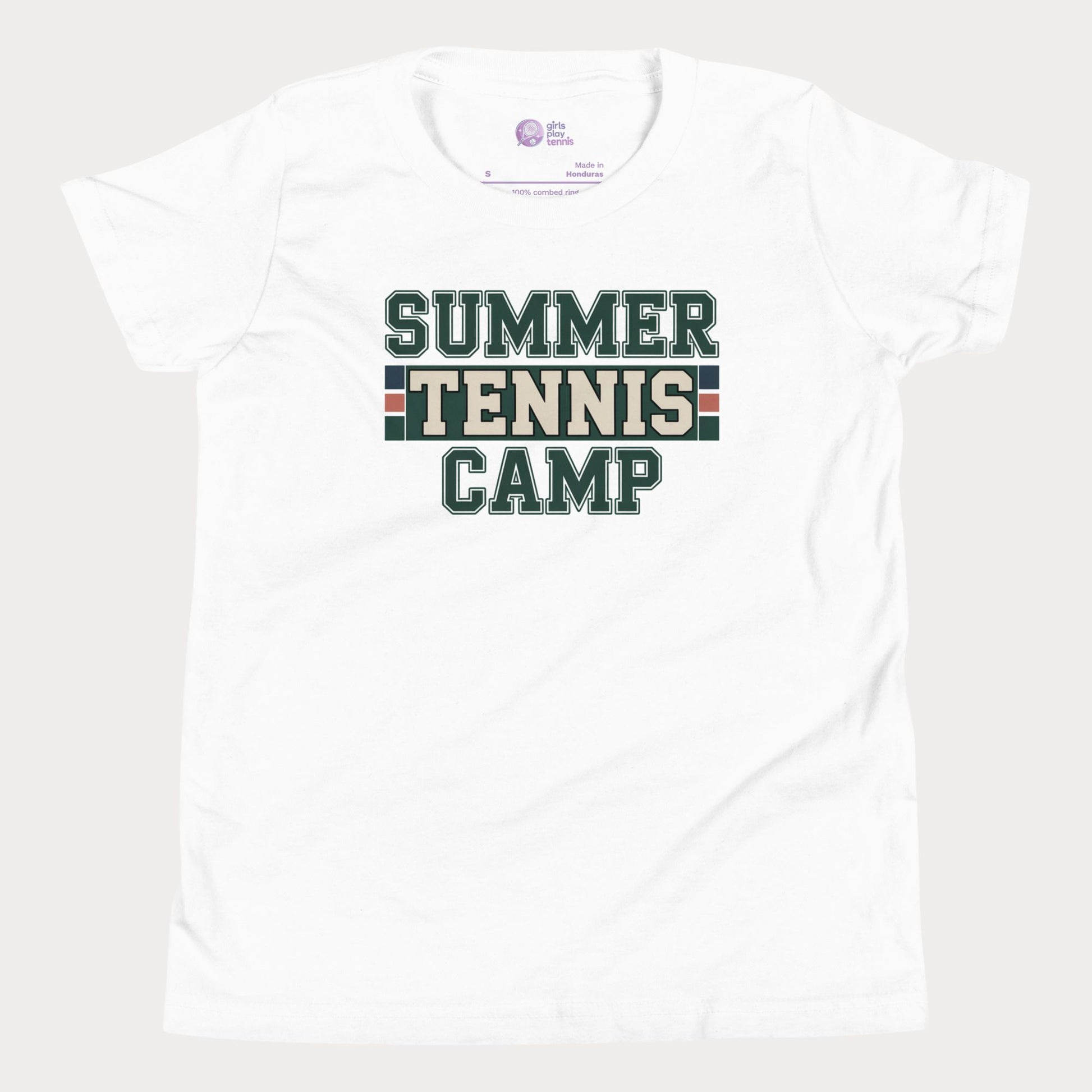 White Summer Tennis Camp varsity-inspired tennis t-shirt for kids and teens
