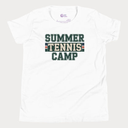White Summer Tennis Camp varsity-inspired tennis t-shirt for kids and teens