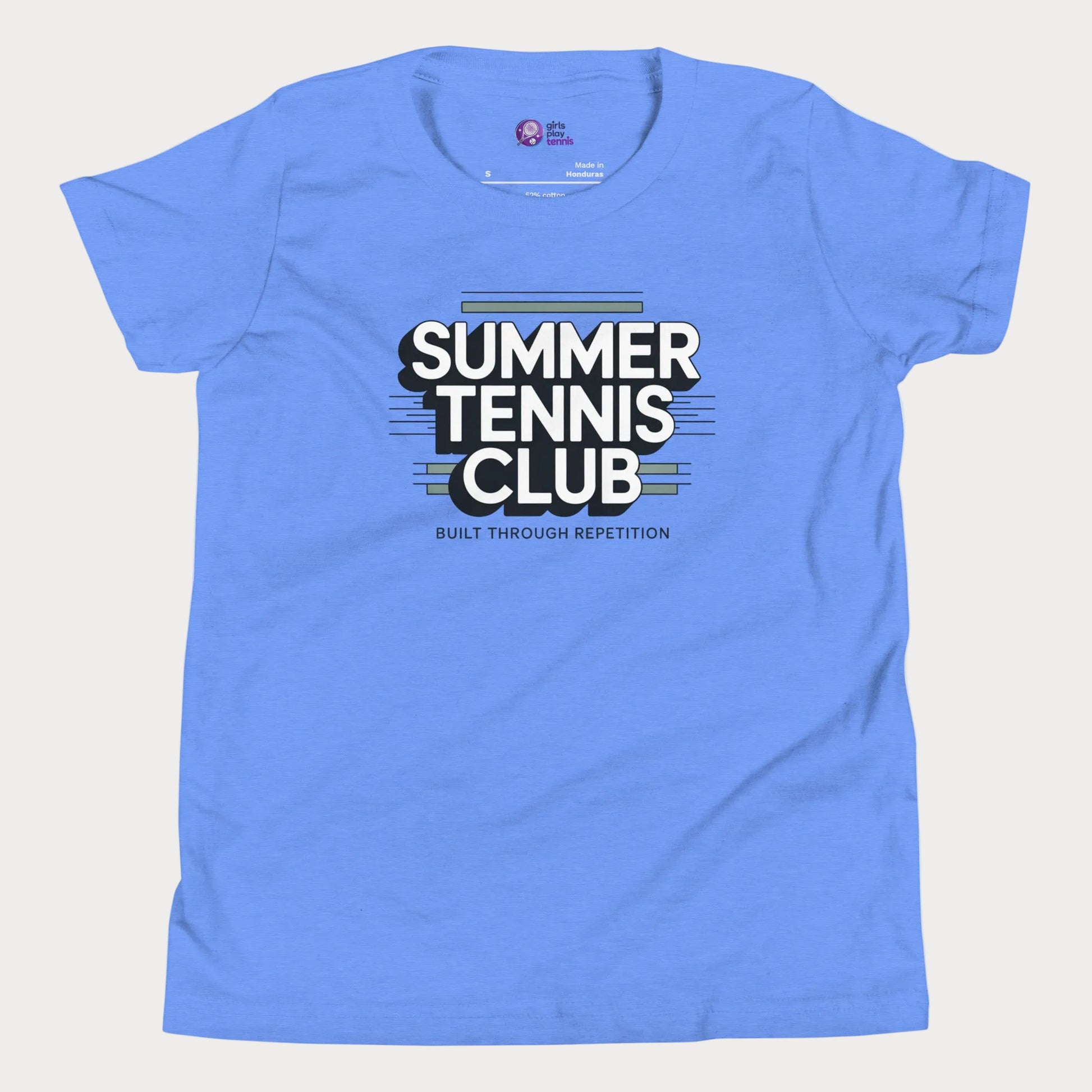 Blue Summer Tennis Club varsity-inspired tennis t-shirt for kids and teens