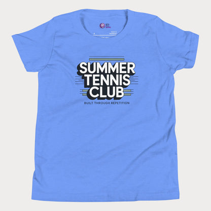 Blue Summer Tennis Club varsity-inspired tennis t-shirt for kids and teens