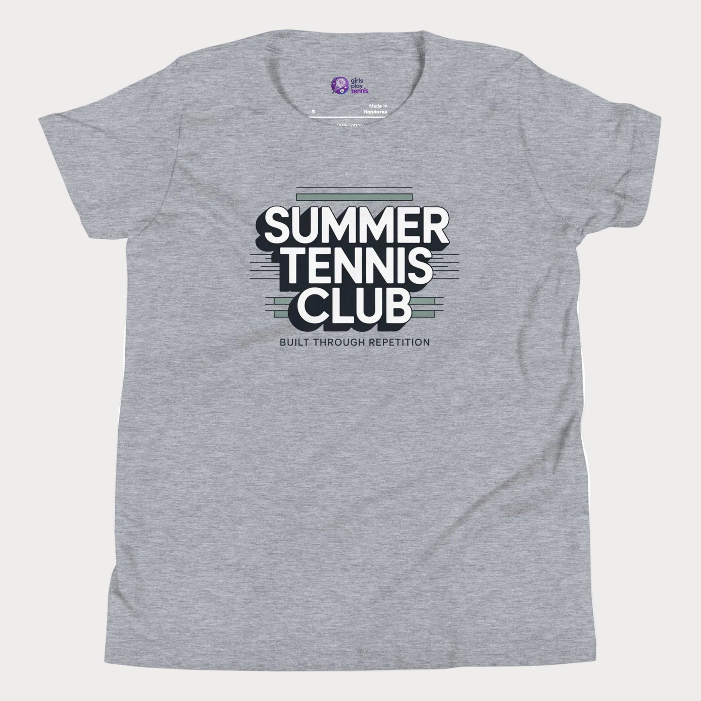 Grey Summer Tennis Club varsity-inspired tennis t-shirt for kids and teens
