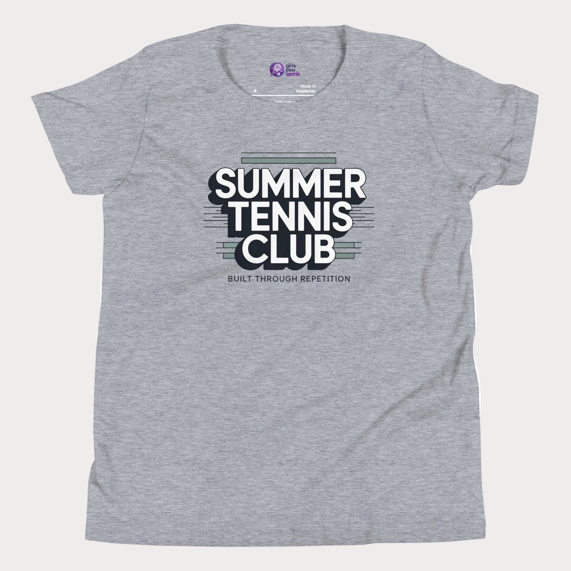 Grey Summer Tennis Club varsity-inspired tennis t-shirt for kids and teens
