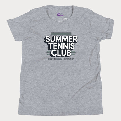 Grey Summer Tennis Club varsity-inspired tennis t-shirt for kids and teens