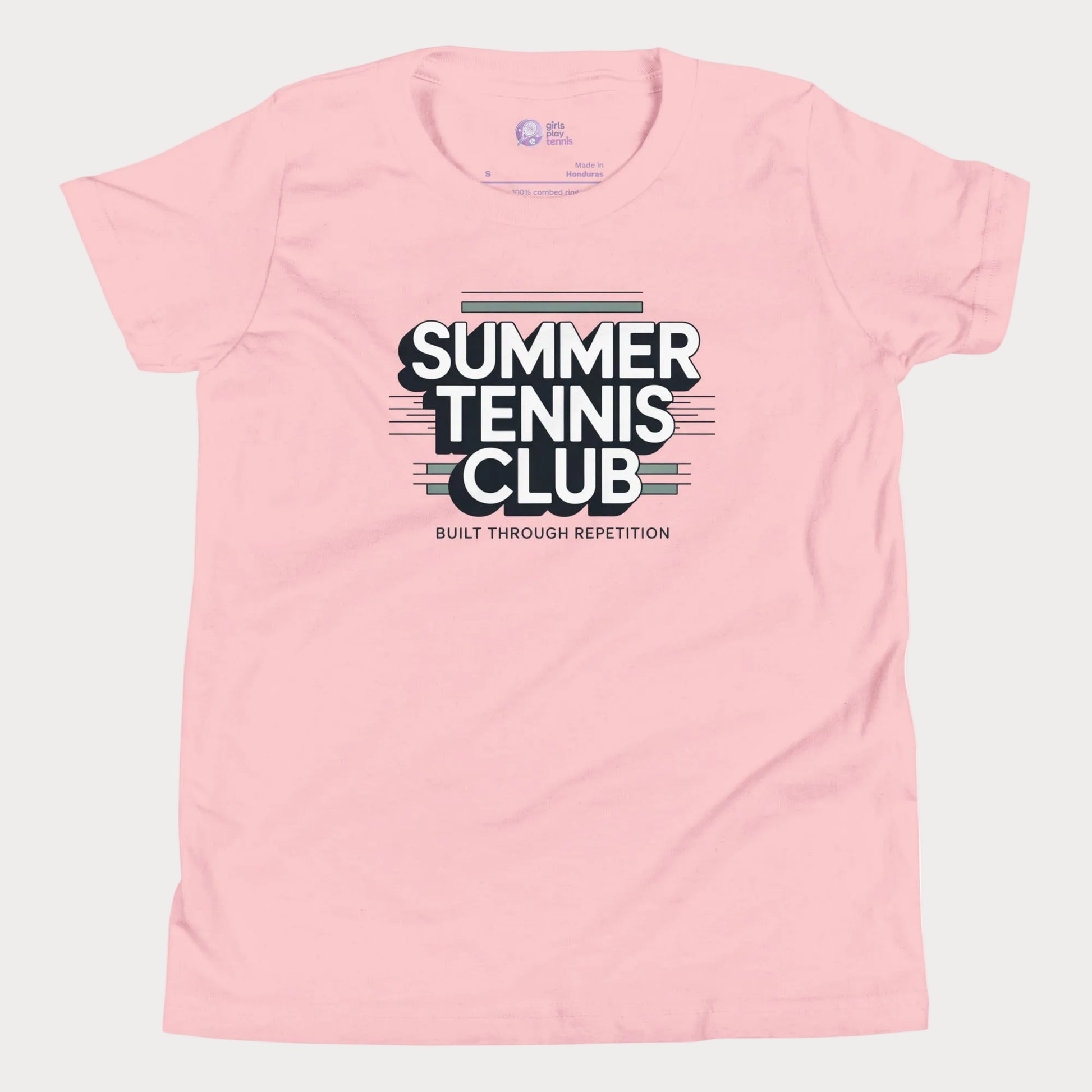 Pink Summer Tennis Club varsity-inspired tennis t-shirt for kids and teens
