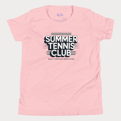 Pink Summer Tennis Club varsity-inspired tennis t-shirt for kids and teens