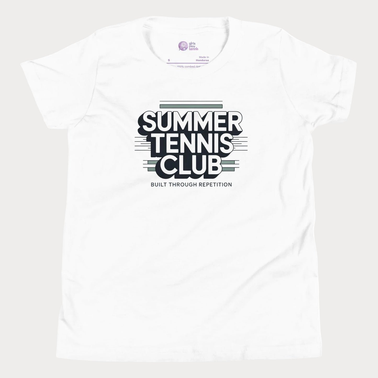 White Summer Tennis Club varsity-inspired tennis t-shirt for kids and teens