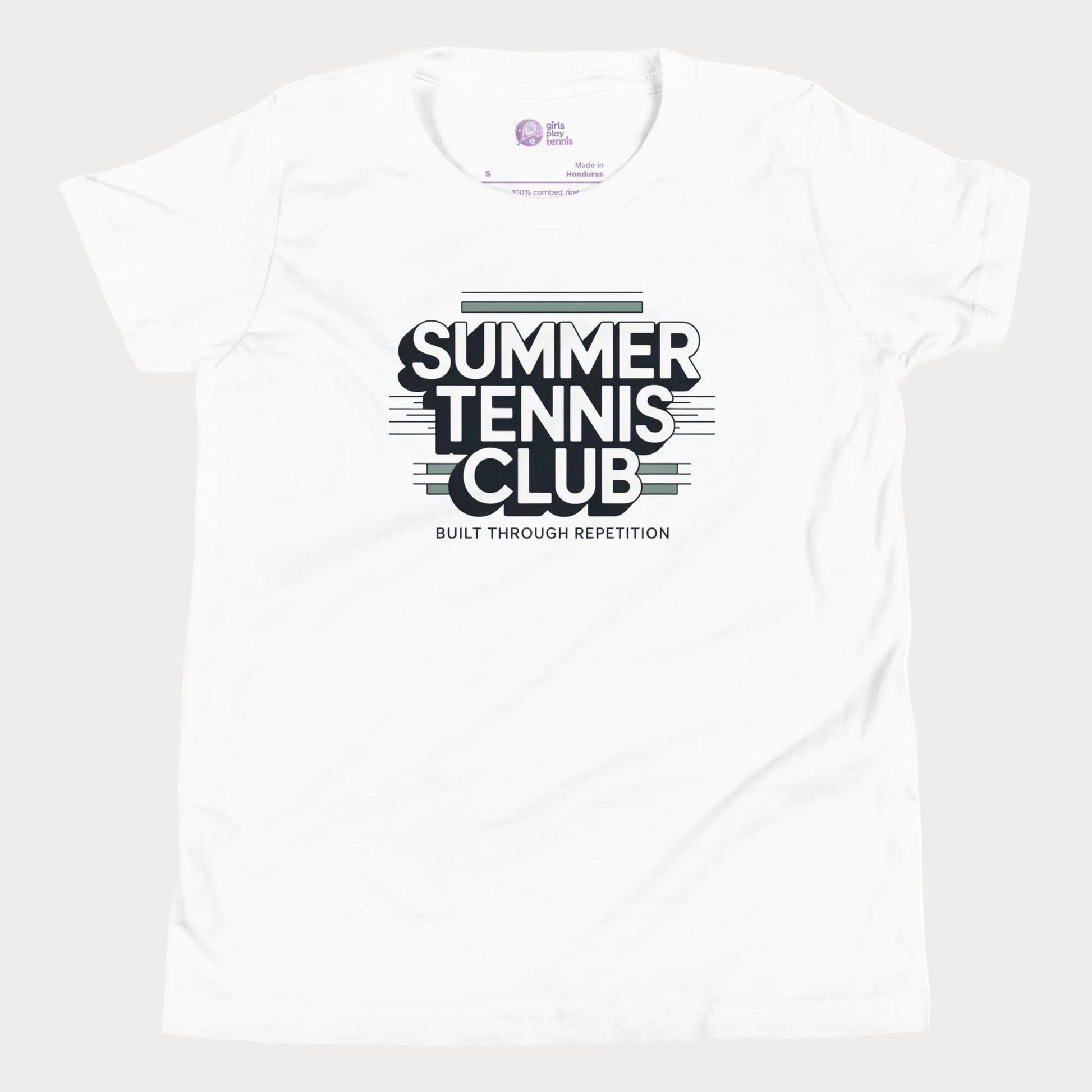 White Summer Tennis Club varsity-inspired tennis t-shirt for kids and teens
