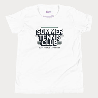 White Summer Tennis Club varsity-inspired tennis t-shirt for kids and teens