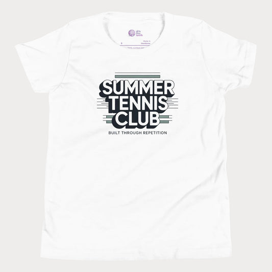 White Summer Tennis Club varsity-inspired tennis t-shirt for kids and teens