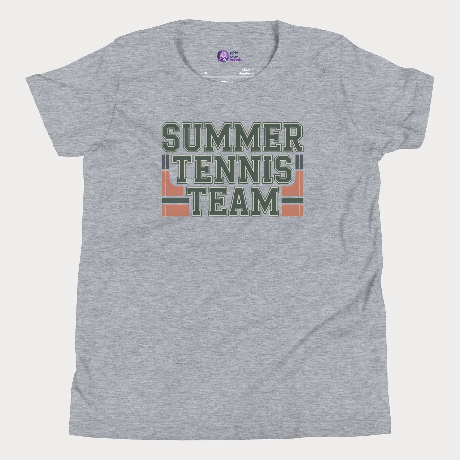 Grey Summer Tennis Team varsity-inspired tennis t-shirt for kids and teens