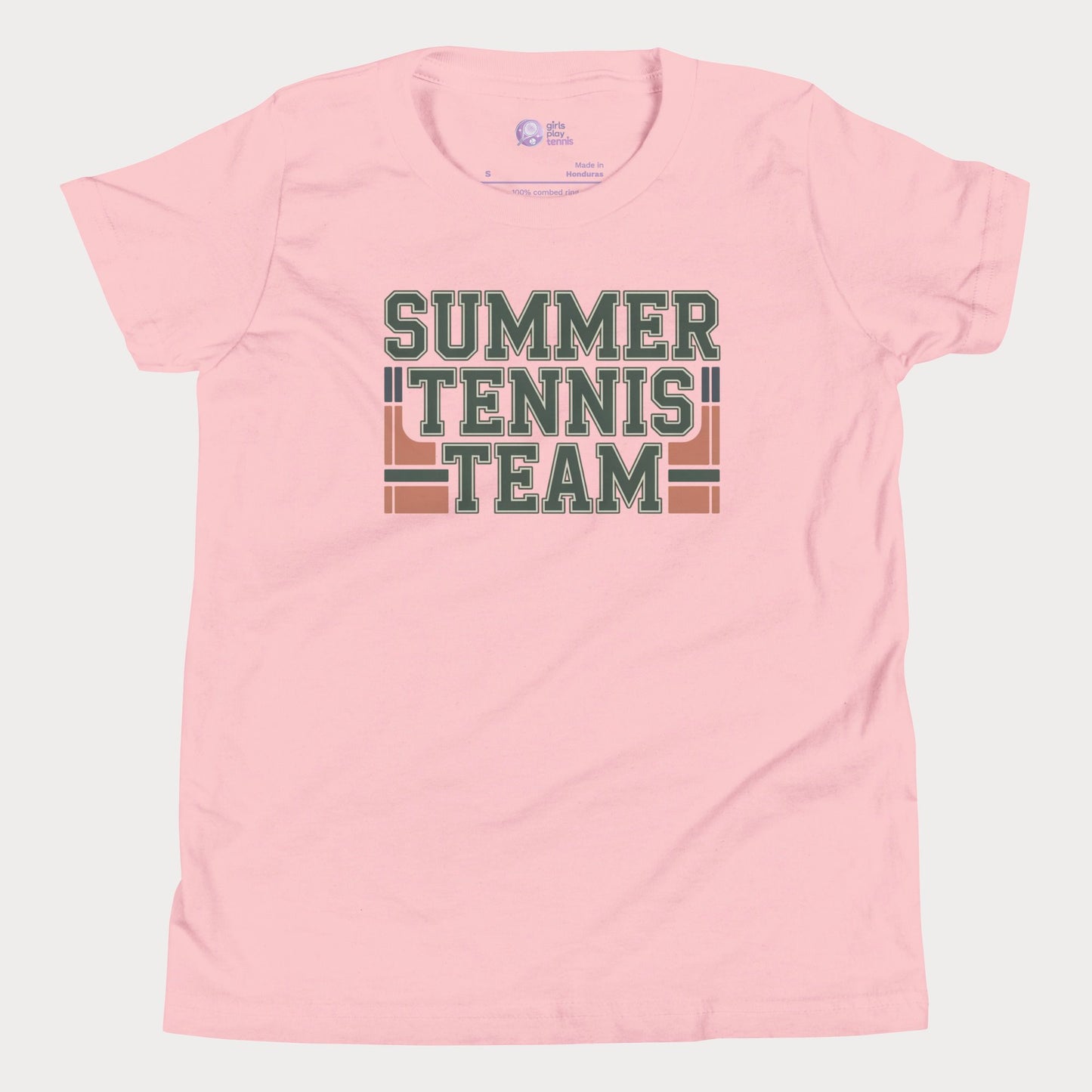 Pink Summer Tennis Team varsity-inspired tennis t-shirt for kids and teens