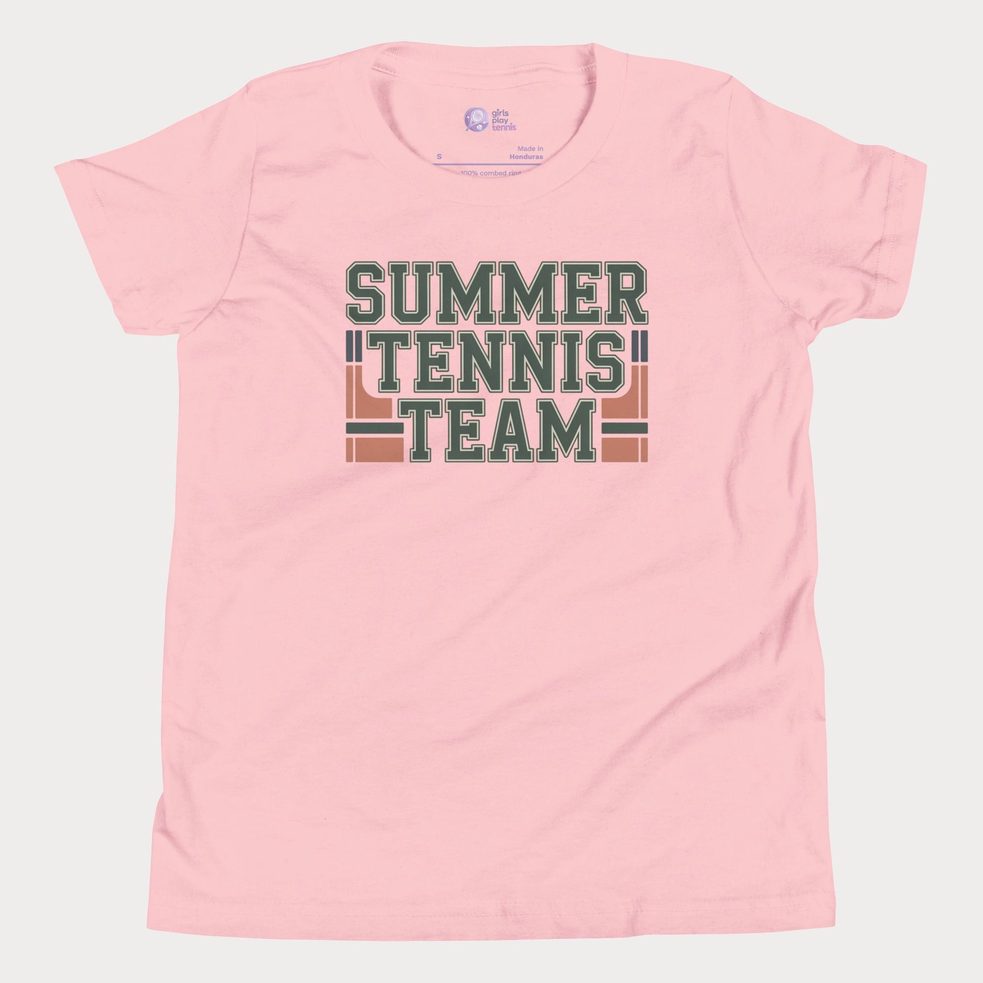 Pink Summer Tennis Team varsity-inspired tennis t-shirt for kids and teens