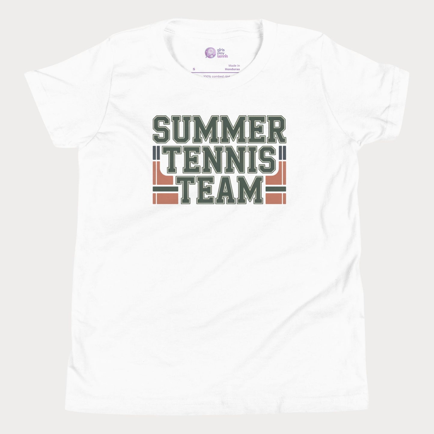 White Summer Tennis Team varsity-inspired tennis t-shirt for kids and teens