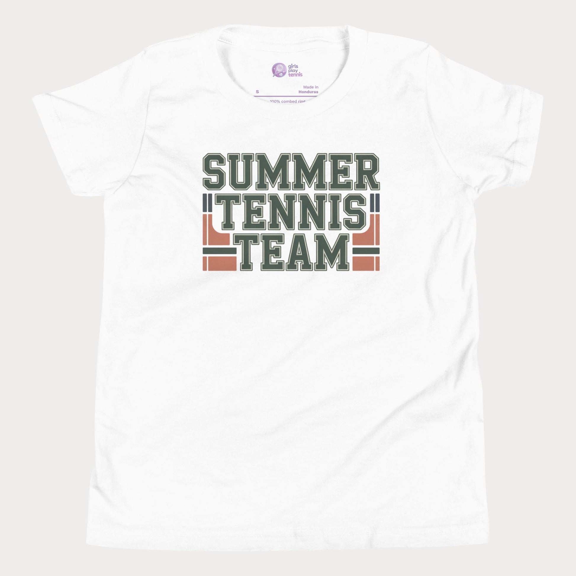 White Summer Tennis Team varsity-inspired tennis t-shirt for kids and teens