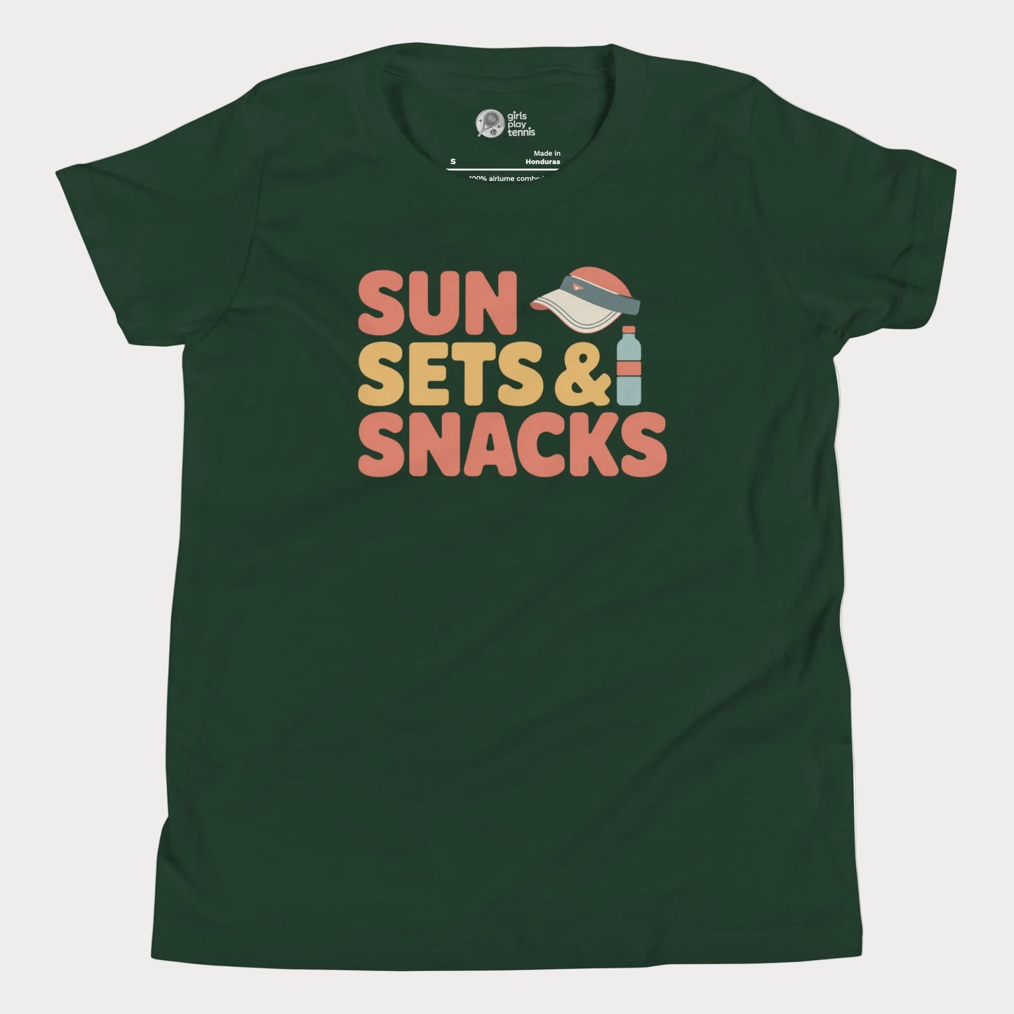Forest green Sun, Sets & Snacks retro-inspired tennis t-shirt for kids and teens