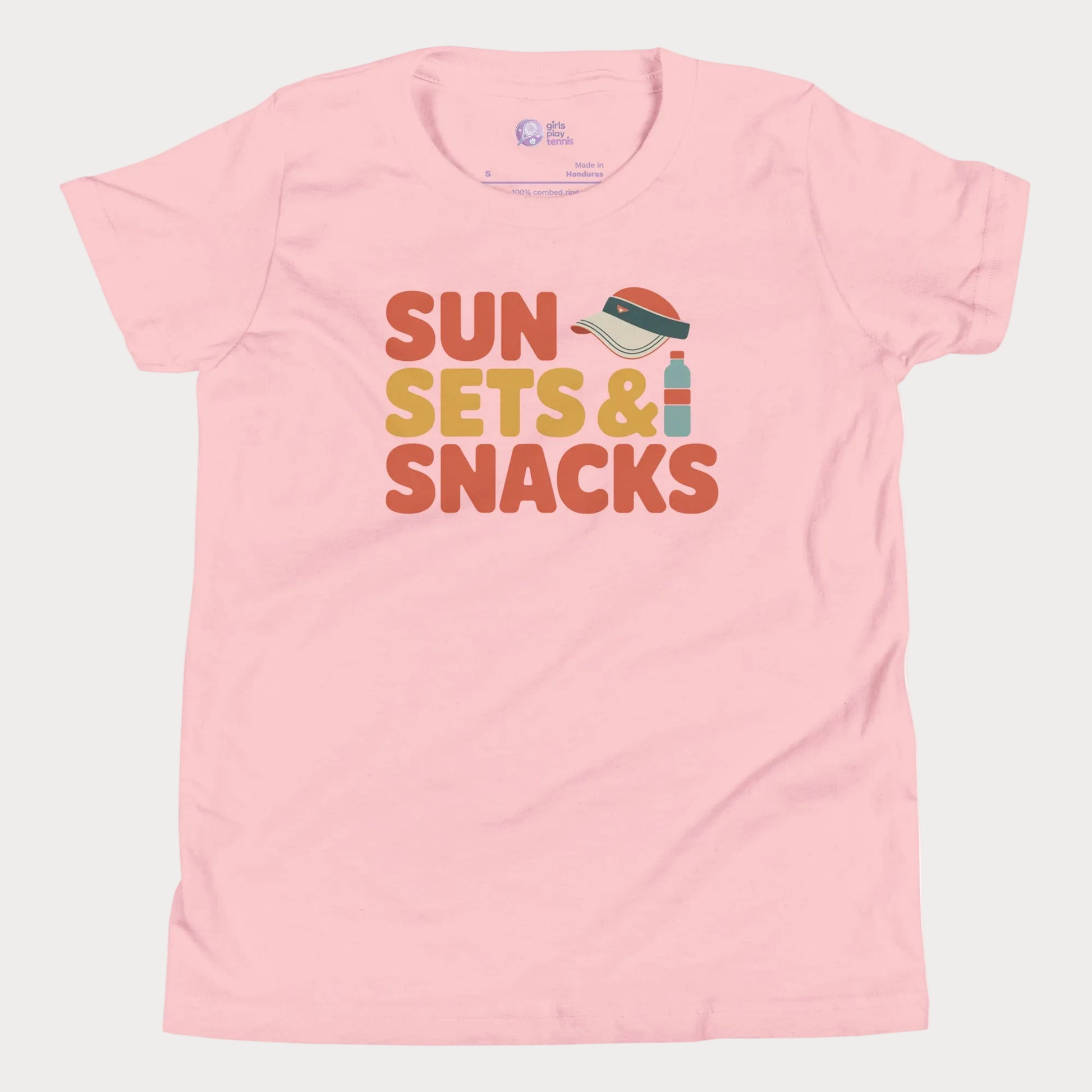 Pink Sun, Sets & Snacks retro-inspired tennis t-shirt for kids and teens