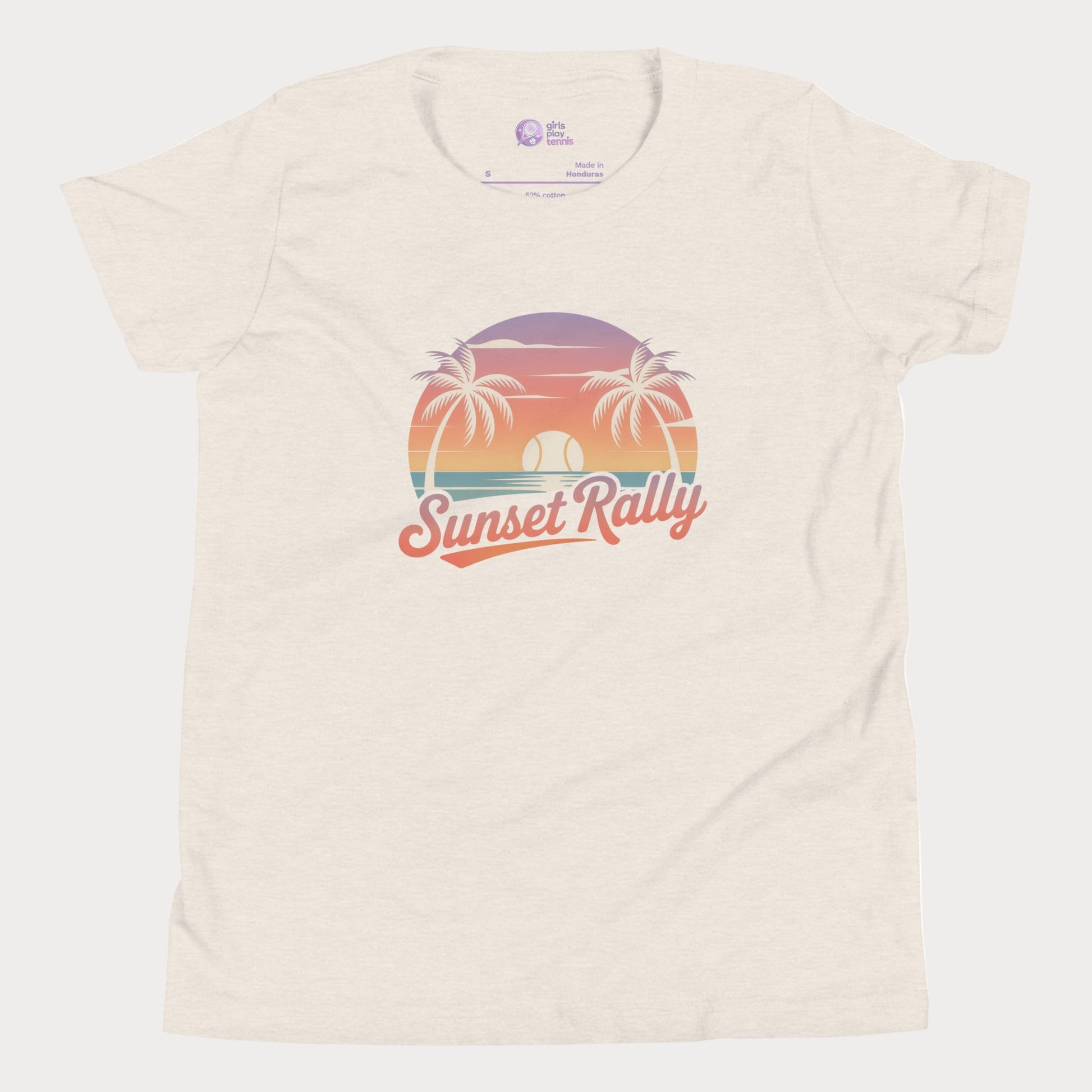 Sunset Rally tennis t-shirt with palm trees and sunset design for players and fans.