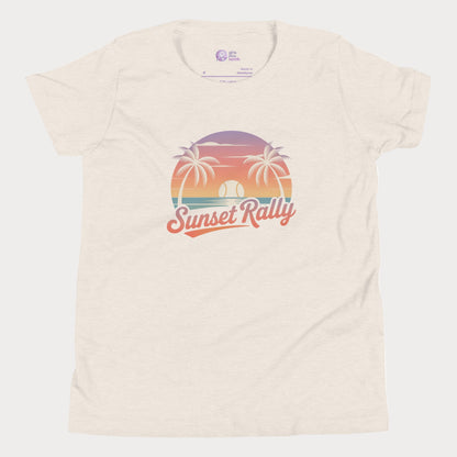 Sunset Rally tennis t-shirt with palm trees and sunset design for players and fans.
