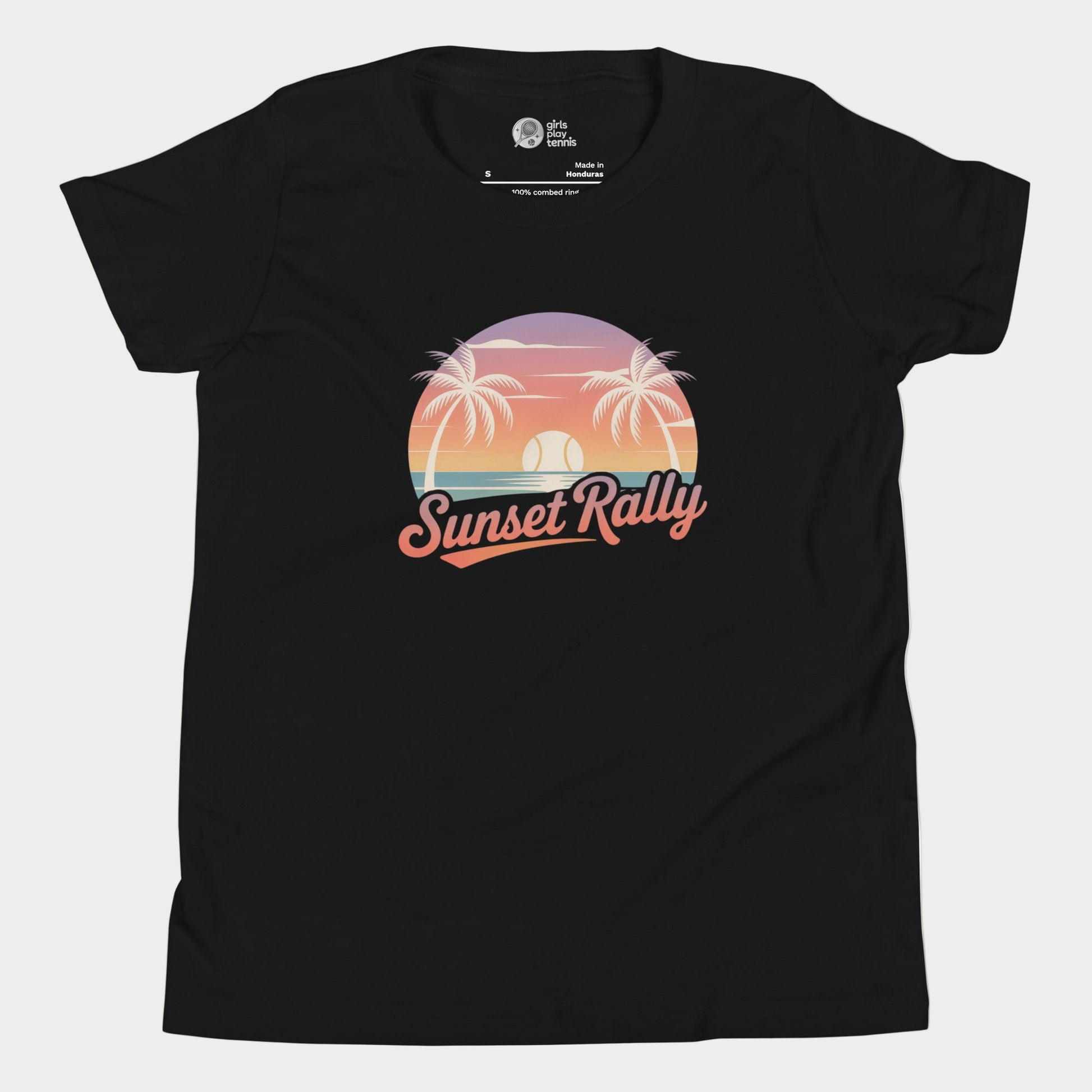 Sunset Rally tennis t-shirt with palm trees and sunset design for players and fans
