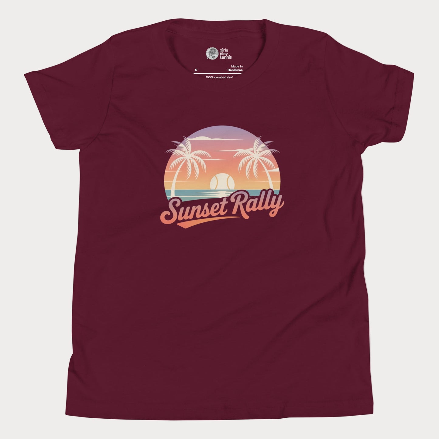 Sunset Rally tennis t-shirt with palm trees and sunset design for players and fans.