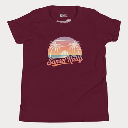 Sunset Rally tennis t-shirt with palm trees and sunset design for players and fans.