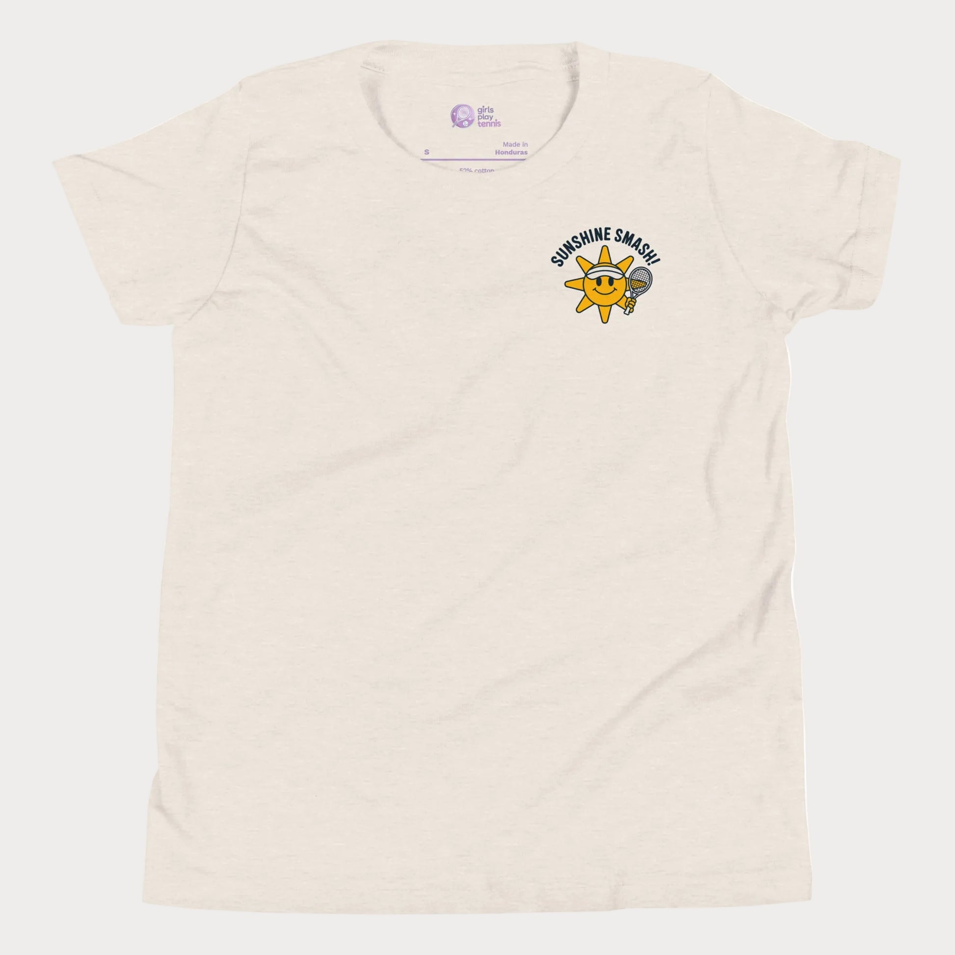 Girls tennis t-shirt with smiling sunshine character and Sunshine Smash slogan