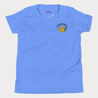 Girls tennis t-shirt with smiling sunshine character and Sunshine Smash slogan on a left pocket.