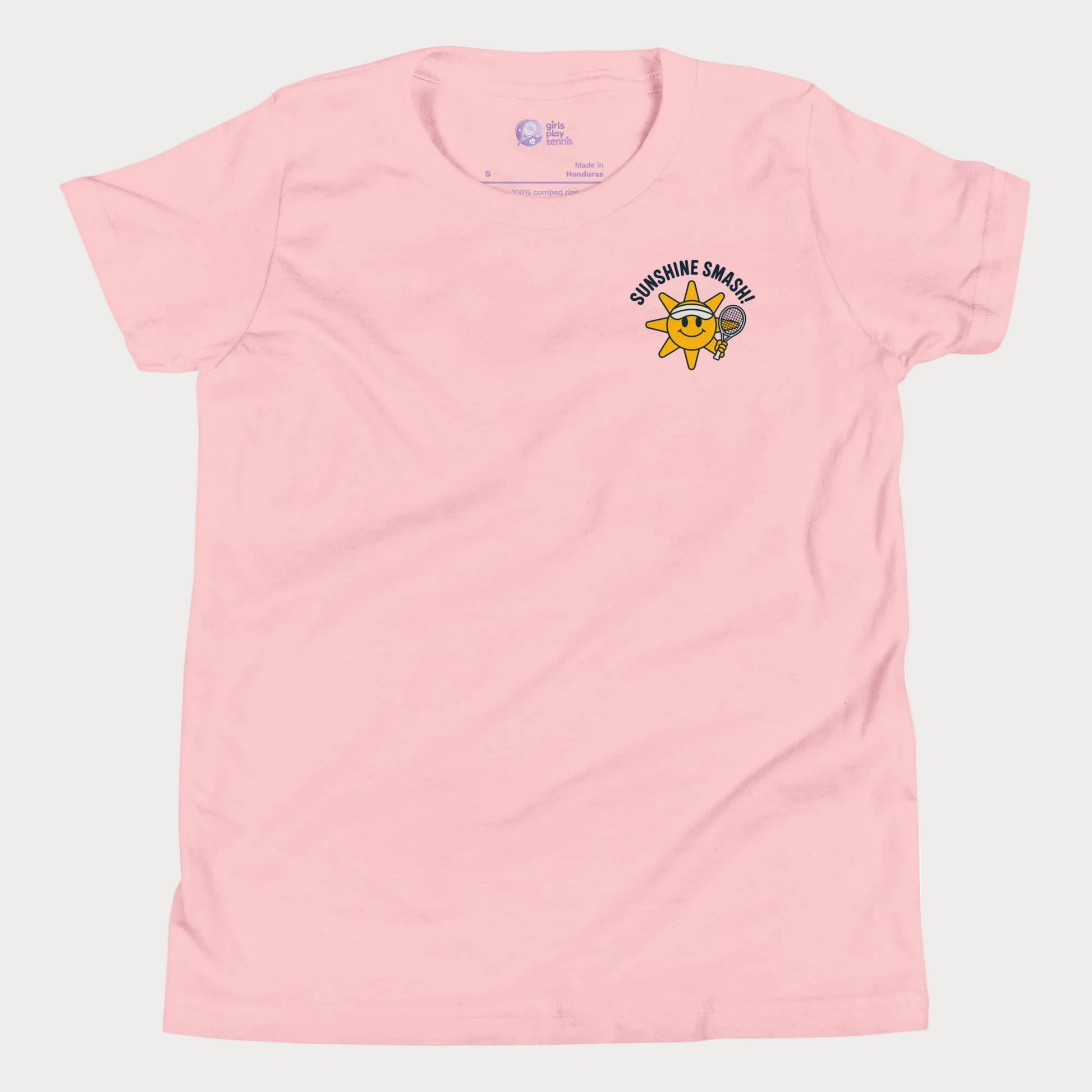 Girls tennis t-shirt with smiling sunshine character and Sunshine Smash slogan on left pocket.