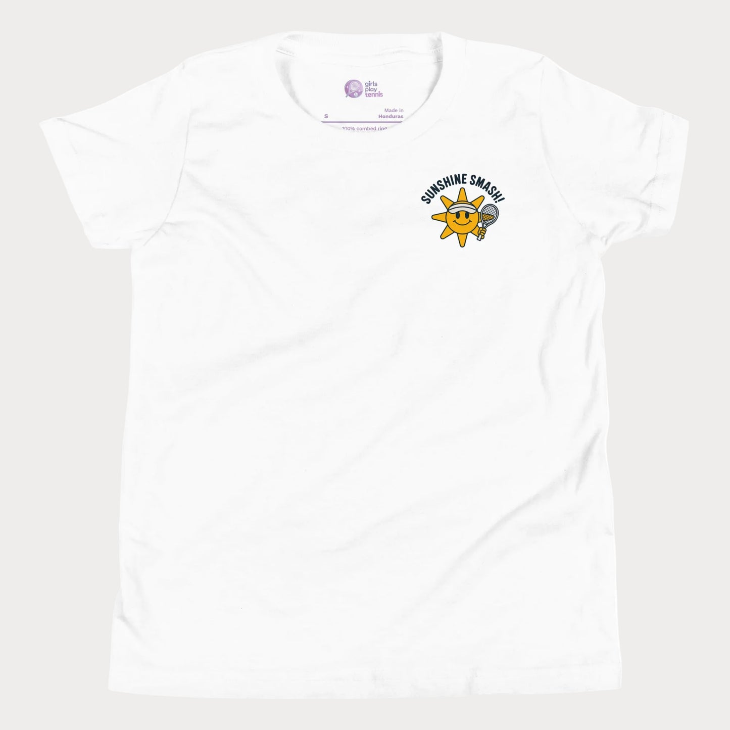 Girls tennis t-shirt with smiling sunshine character and Sunshine Smash slogan