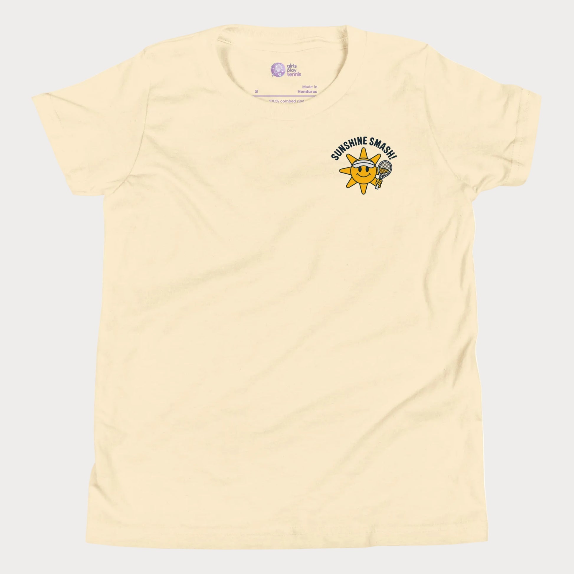 Girls tennis t-shirt with smiling sunshine character and Sunshine Smash slogan on a left pocket.