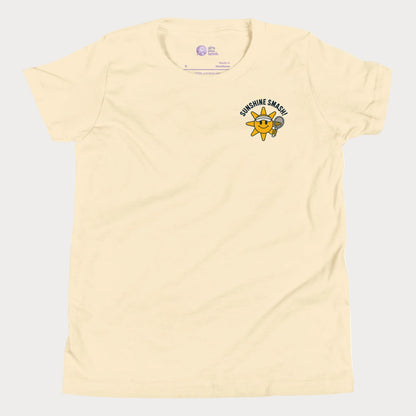 Girls tennis t-shirt with smiling sunshine character and Sunshine Smash slogan on a left pocket.