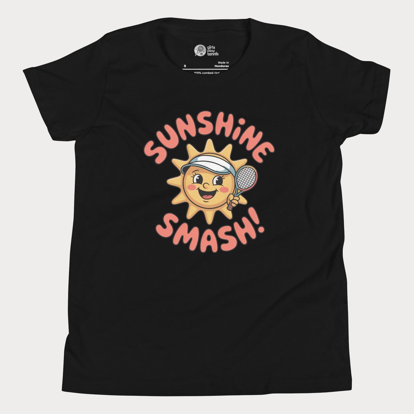 Sunshine Smash kids tennis t-shirt with smiling sun holding tennis racket for toddlers and youth