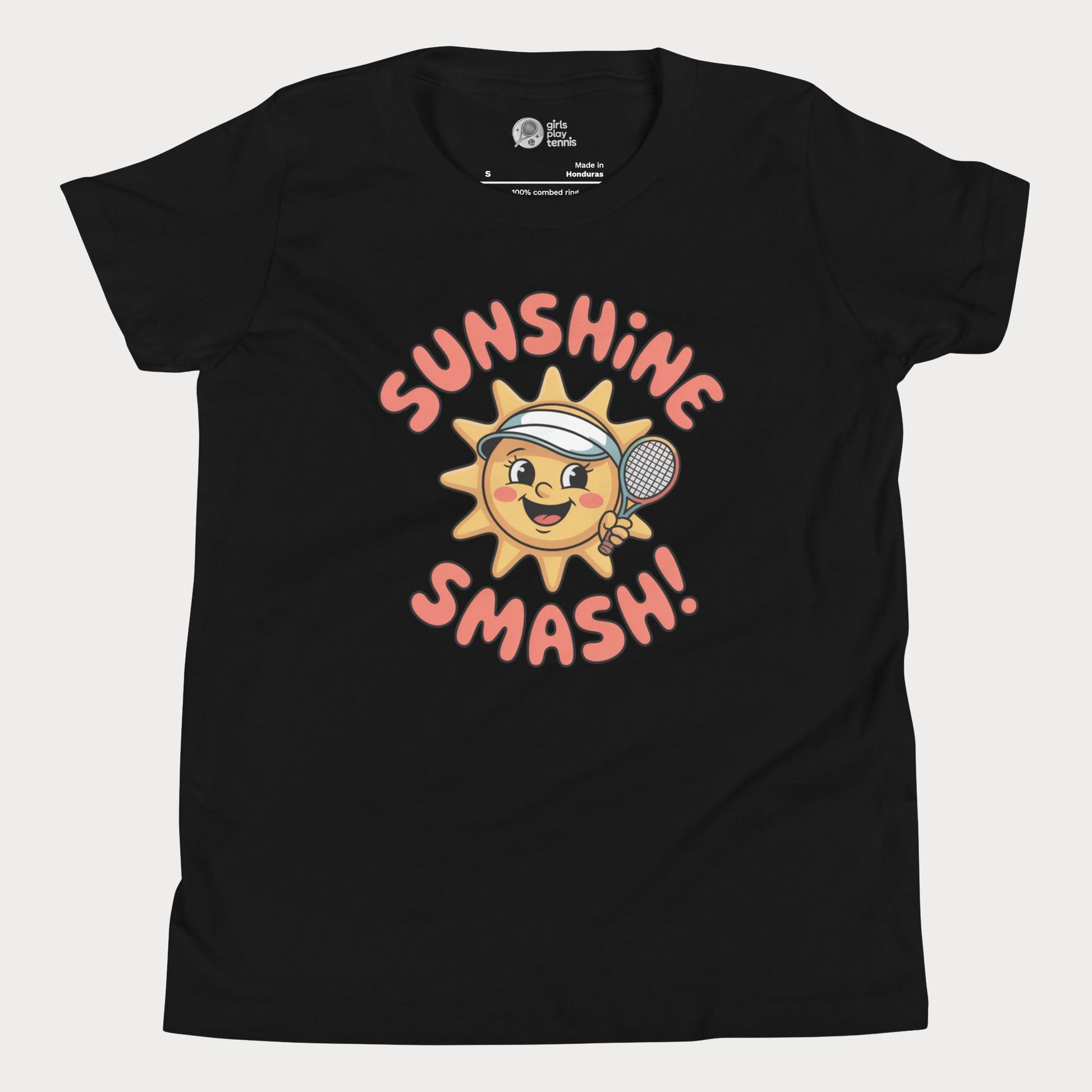 Sunshine Smash kids tennis t-shirt with smiling sun holding tennis racket for toddlers and youth