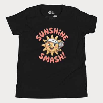 Sunshine Smash kids tennis t-shirt with smiling sun holding tennis racket for toddlers and youth