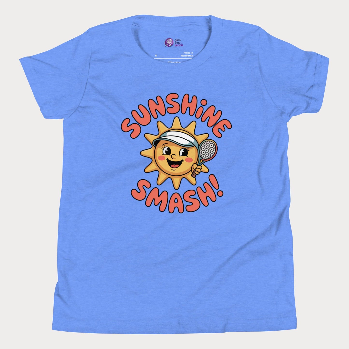 Sunshine Smash kids tennis t-shirt with smiling sun holding tennis racket for toddlers and youth