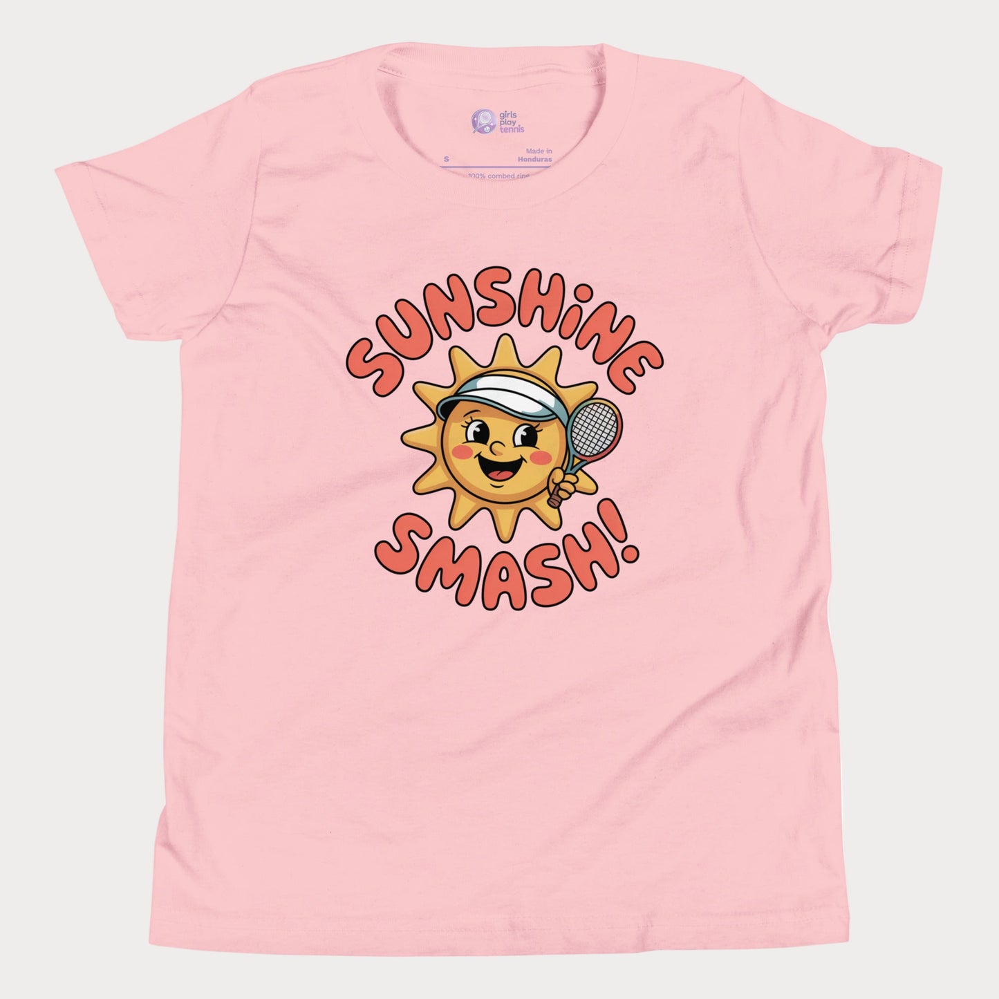Sunshine Smash kids tennis t-shirt with smiling sun holding tennis racket for toddlers and youth