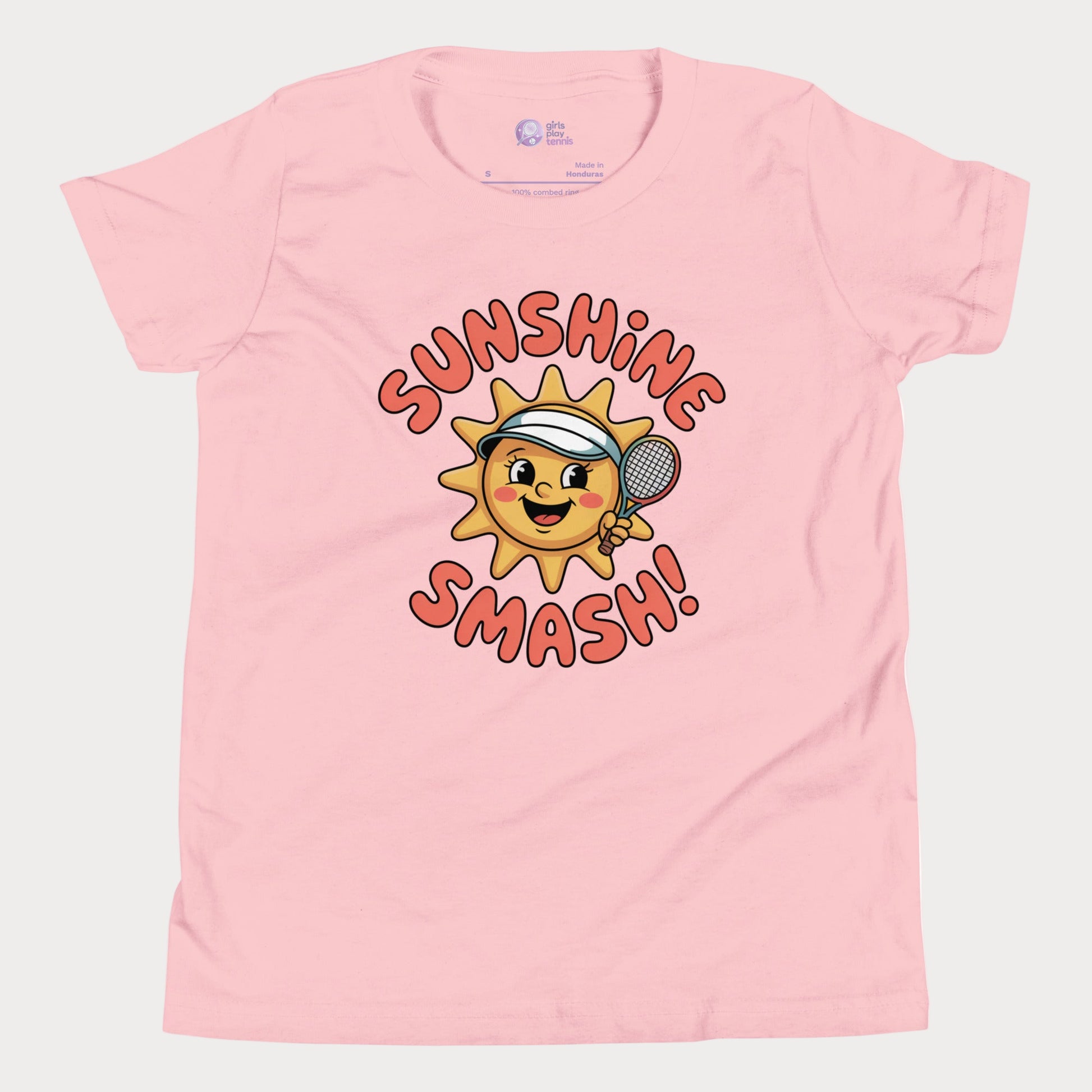 Sunshine Smash kids tennis t-shirt with smiling sun holding tennis racket for toddlers and youth