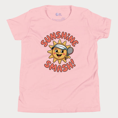 Sunshine Smash kids tennis t-shirt with smiling sun holding tennis racket for toddlers and youth