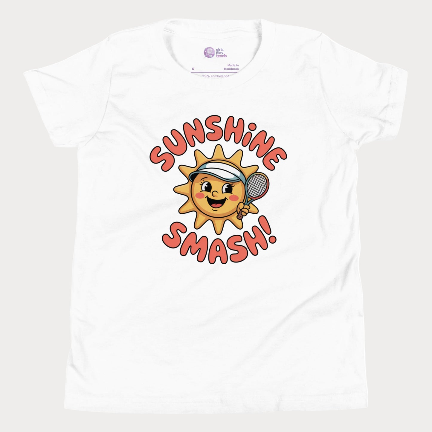 Sunshine Smash kids tennis t-shirt with smiling sun holding tennis racket for toddlers and youth