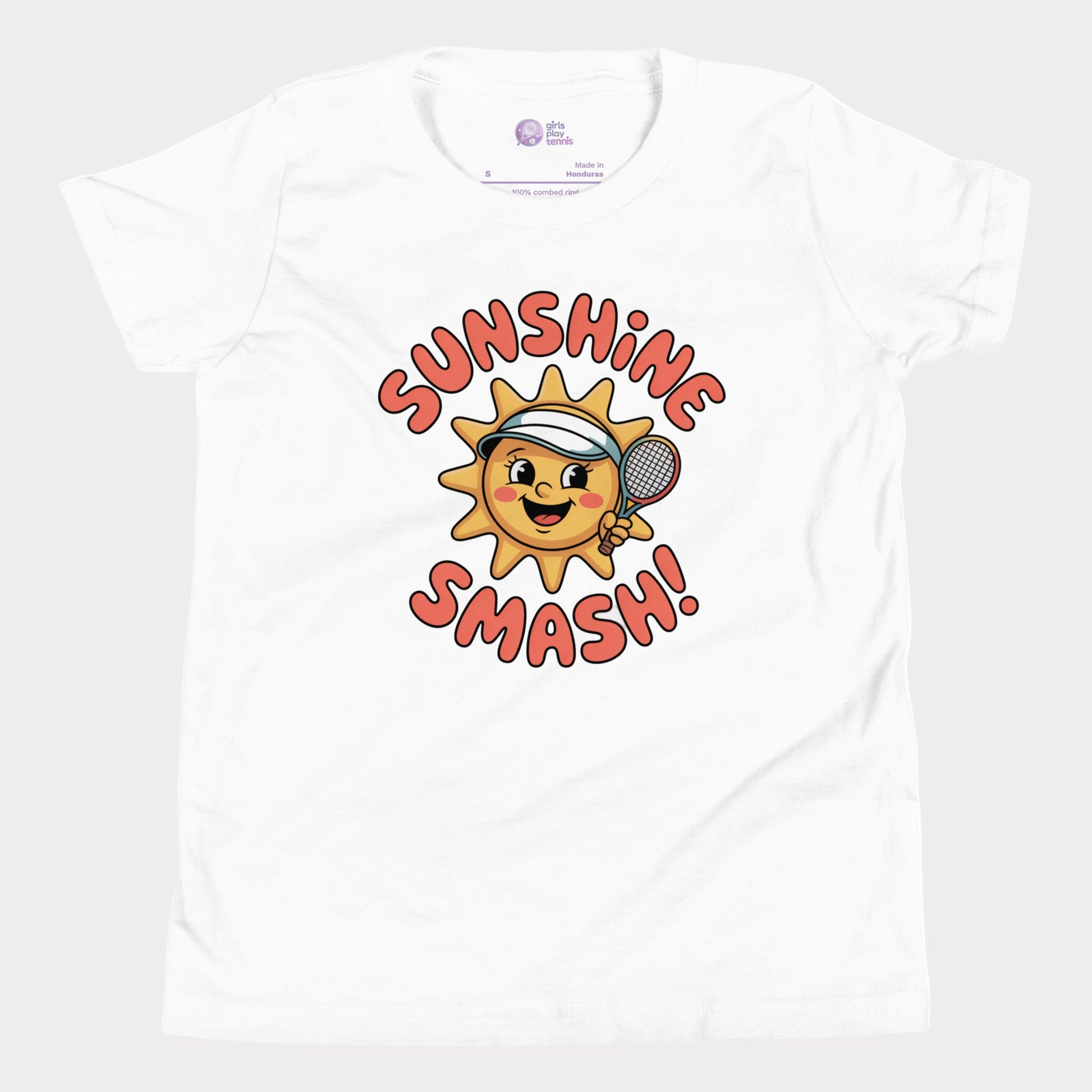 Sunshine Smash kids tennis t-shirt with smiling sun holding tennis racket for toddlers and youth