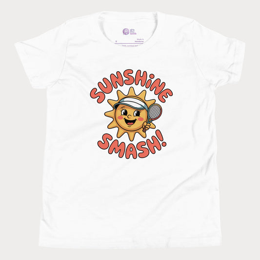 Sunshine Smash kids tennis t-shirt with smiling sun holding tennis racket for toddlers and youth