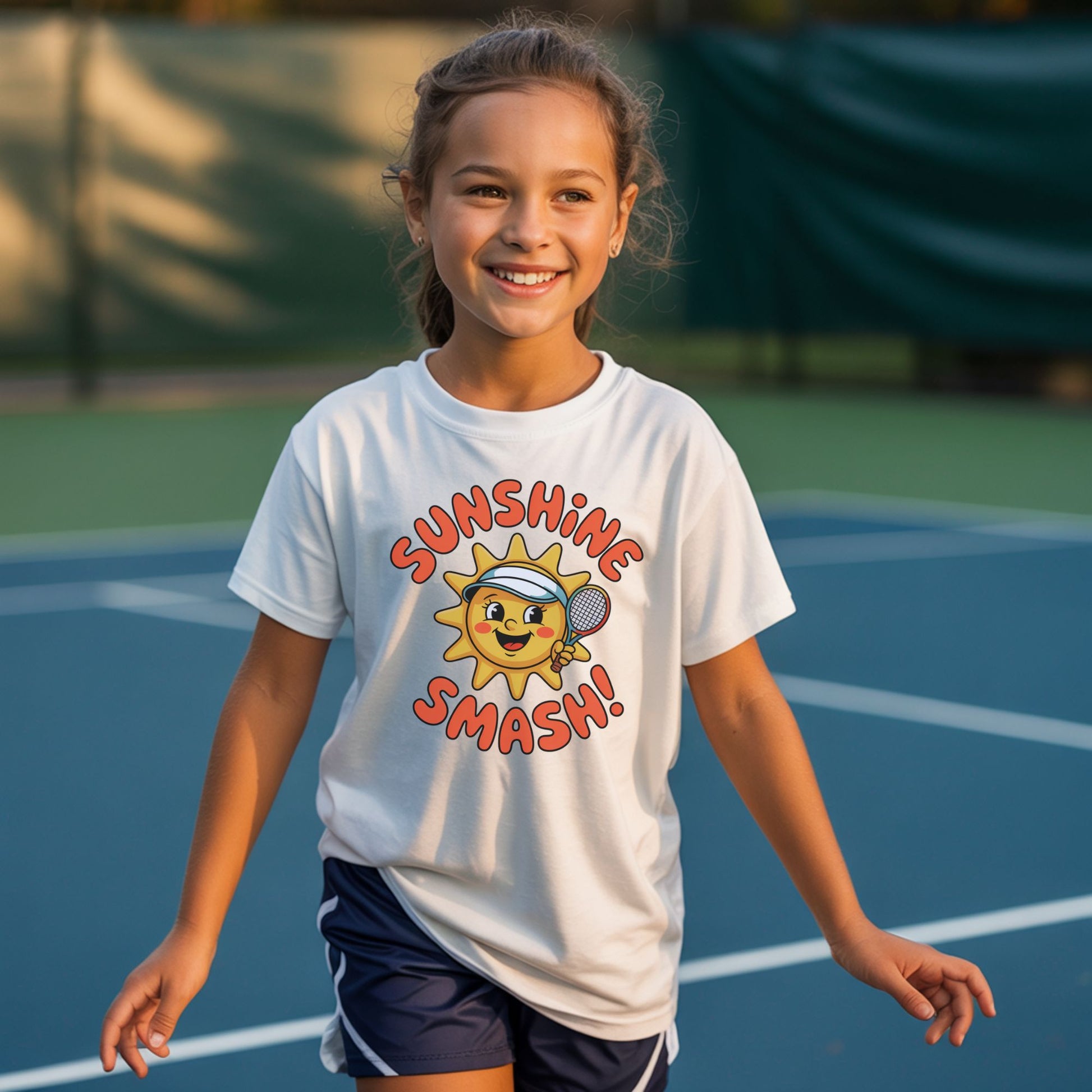 Young girl wearing a white Sunshine Smash kids tennis t-shirt with smiling sun holding tennis racket for toddlers and youth