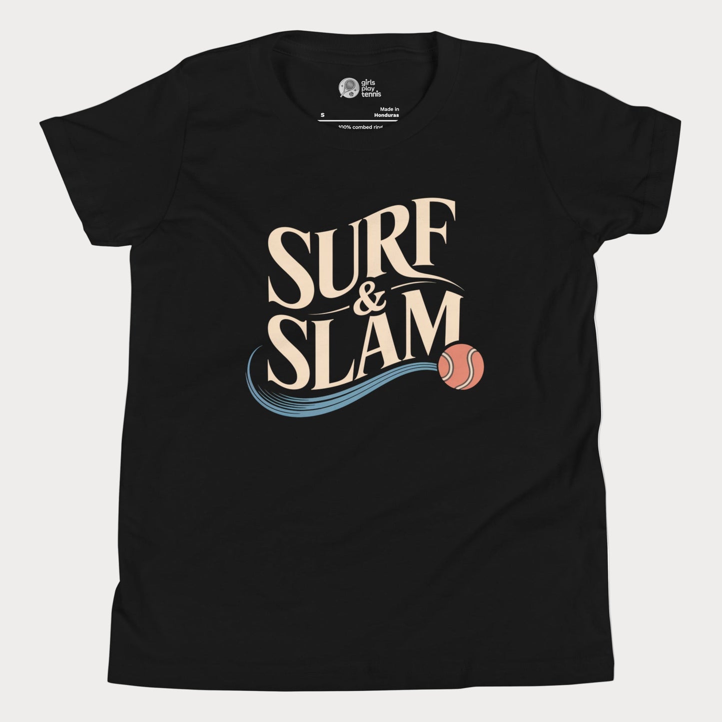 Surf & Slam tennis t-shirt with wave accent and tennis ball inspired by Australian summer.
