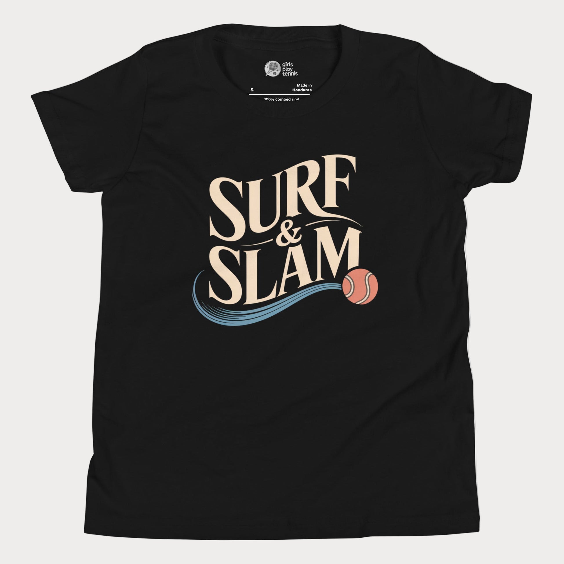 Surf & Slam tennis t-shirt with wave accent and tennis ball inspired by Australian summer.