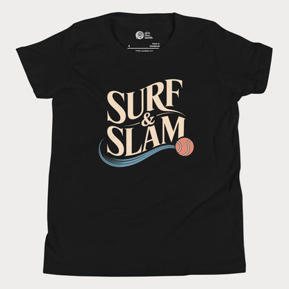 Surf & Slam tennis t-shirt with wave accent and tennis ball inspired by Australian summer.