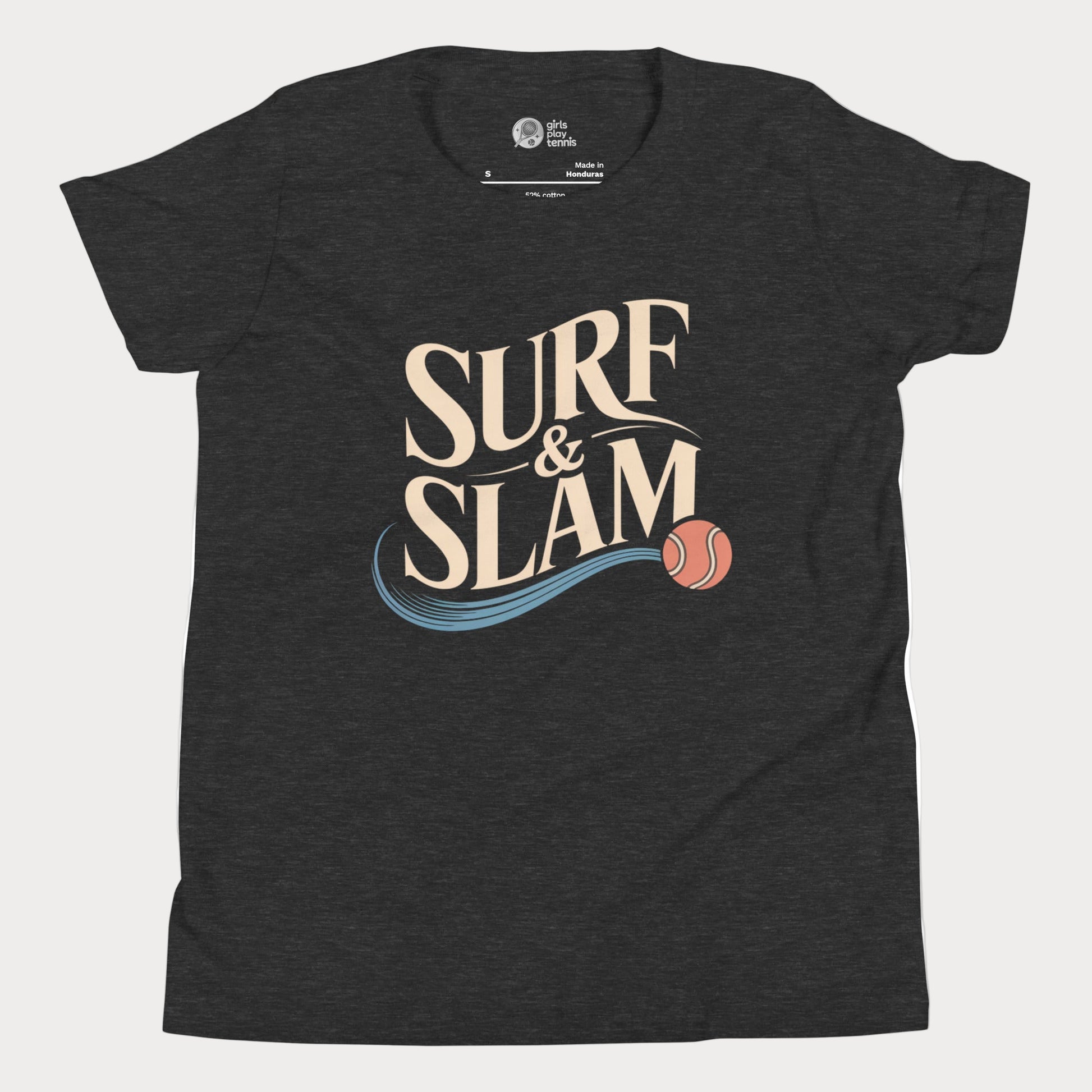 Surf & Slam tennis t-shirt with wave accent and tennis ball inspired by Australian summer